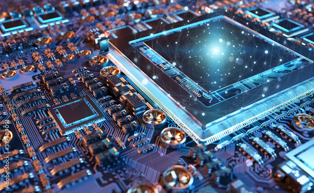 Fototapete close-up view of a modern gpu card with connections 3d rendering