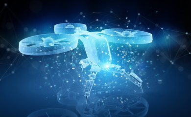 Holographic blue drone projection on dark background 3D rendering