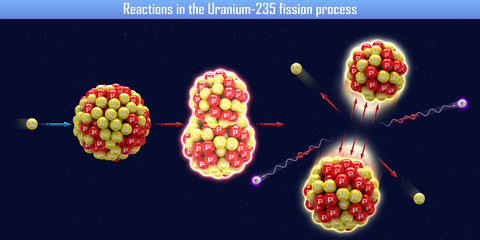 Reactions in the Uranium-235 fission process (3d illustration) © generalfmv