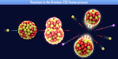 Reactions in the Uranium-235 fission process (3d illustration) - obrazy, fototapety, plakaty