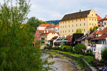 View of traditional czech houses and Vltava river with green trees and vegetation, in Cesky...