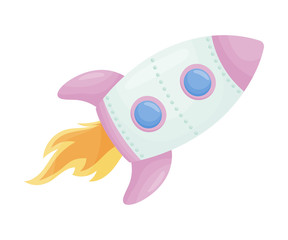 Cartoon Spaceship Taking Off Isolated on White Background Vector Illustration