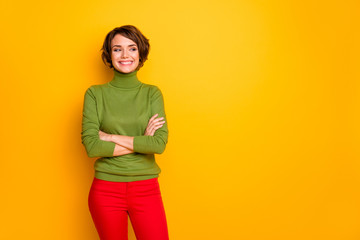 Portrait of charming cute millennial person girl optimistic modern worker cross hands look copy...
