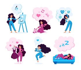 Modern Woman Activities Types Trendy Flat Vector Characters Set. Lady Drawing Paintings, Feeding Pet, Doing Exercises, Choosing Clothes, Celebrating Holiday, Sleeping on Couch Isolated Illustration