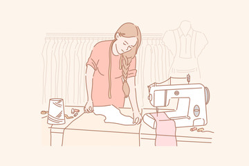 Tailor, dressmaking, sewing concept. Young woman is sewing clothes in her clothing store. Dressmaking is profitable business. Happy girl tailor is darning blouse in fabric. Simple flat vector
