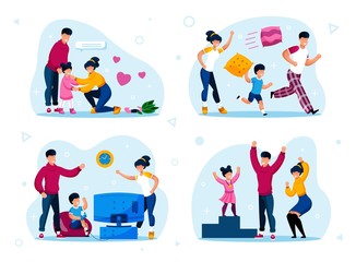 Fototapeta premium happy family life scenes, daily situations trendy flat vector set. parents calming down crying daughter, fighting with pillows, playing video game, celebrating kid achievement isolated illustration