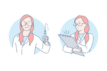 Medical procedures and examination set concept. Young woman pupil doctor do procedures, shows syringe with cure. Serious schoolgirl is taking notes on electronic board. Simple flat vector