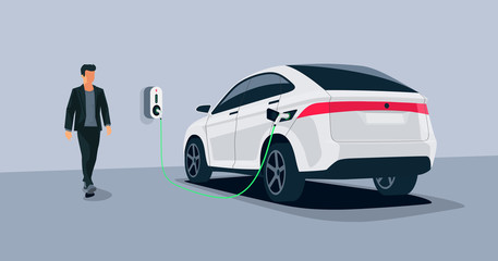 Electric car charging in underground garage home plugged charger station. Vector illustration battery EV vehicle standing parking connected to wallbox. Vehicle being charged with power supply socket. 