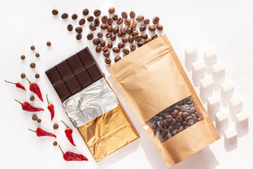 Period diet concept. Foods to avoid during menstruation bleeding flat lay. Products worsen symptoms...
