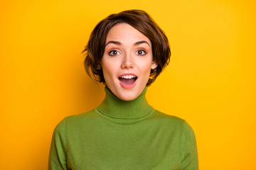 Really. Closeup photo of funny short hairdo lady good mood listen positive news open mouth wear casual green turtleneck warm sweater isolated yellow color background