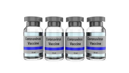 Coronavirus vaccine. 2019-ncov cure. Isolated on white background. 3D-rendering. Concept illustration. Glass bottles.
