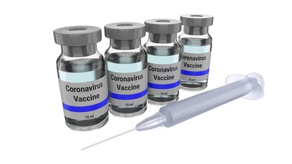Coronavirus vaccine. 2019-ncov cure. Isolated on white background. 3D-rendering. Concept illustration. Glass bottles.