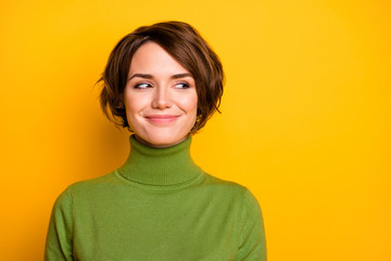 Closeup photo of funny short hairdo lady charming smiling good mood looking side empty space sly...
