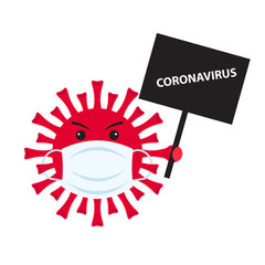 Virus character in a medical mask with a poster. Concept of the spread of coronavirus 2019-nCoV. MERS-CoV, Middle East respiratory syndrome coronavirus. Vector illustration in flat style