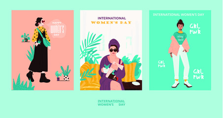 International Women's Day. Female characters - girl power and feminism concept - diverse women standing together and defending their rights. Vector templates for card, poster, flyer and other users.