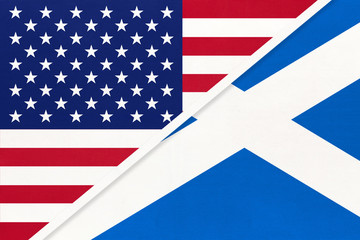 USA vs Scotland national flag from textile. Relationship, between american and european countries.