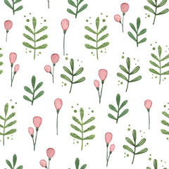Watercolor hand drawn seamless pattern with floral elements
