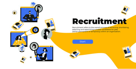 Recruitment Concept for web page, banner, presentation, social media, documents, cards, posters. Flat style Vector cartoon illustration