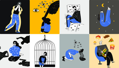 Set of men and women with mental disorders, illnesses, impairments, psychiatric or psychological problems. Flat cartoon characters isolated on white background.Flat vector illustration.