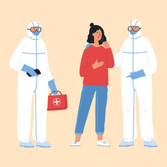 Epidemic disease concept. Doctors in protective suit and young woman coughing. China pathogen respiratory coronavirus. 
