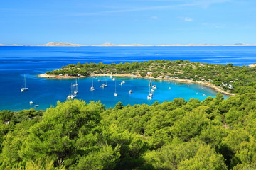 Gorgeous beach Kosirina with clear turquoise sea on island Murter in Croatia. Famous touristic...
