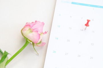 Close up red pin on calendar marking on Valentine's Day.