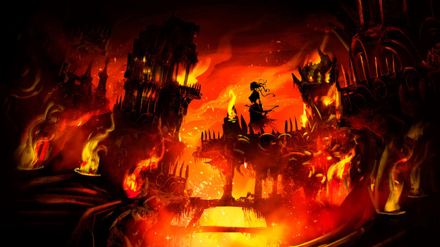 An infernal city with many towers, ruins, bridges, torches, engulfed in flames, sparks, in the center of the composition hovers the Ghost of a woman with a bow . 2D illustration