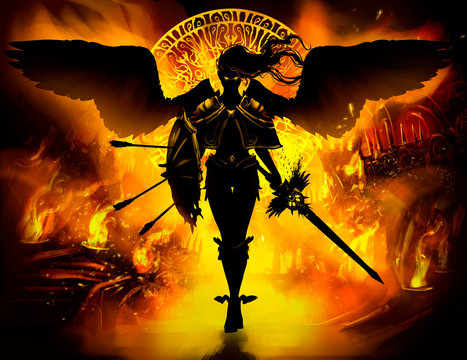 A black angel with yellow fiery eyes and wings, with a legendary sword and a shield with arrows, gracefully comes forward to the viewer. Against the background of the infernal burning city . 2D 