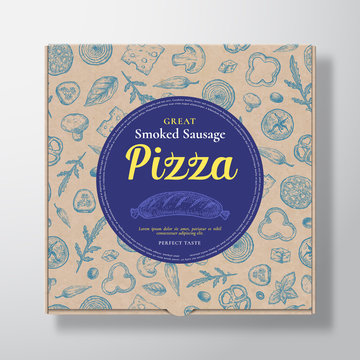 Smoked Sausage Pizza Realistic Cardboard Box. Abstract Vector Packaging Design or Label. Modern Typography, Sketch Seamless Pattern of Cheese, Tomato, Sausages. Craft Paper Background Layout.