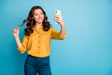 Poortrait of her she nice attractive charming pretty cheerful cheery wavy-haired lady taking making...
