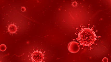 Banner concept with red viruses. Vector illustration with 3d microscopic bacteria and viruses. Coronavirus microbe cells in infected blood.