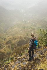 Santo Antao Island Cape Verde. Female tourist with backpack enjoying hiking path route to Paul valley