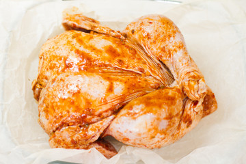 marinated chicken with seasonings. step-by-step recipe. baked meat in the oven. delicious and juicy white meat. dietary food.the view from the top. space for text.