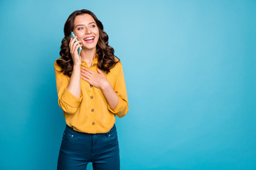 Portrait of her she nice attractive charming pretty cheerful cheery wavy-haired girl calling home...