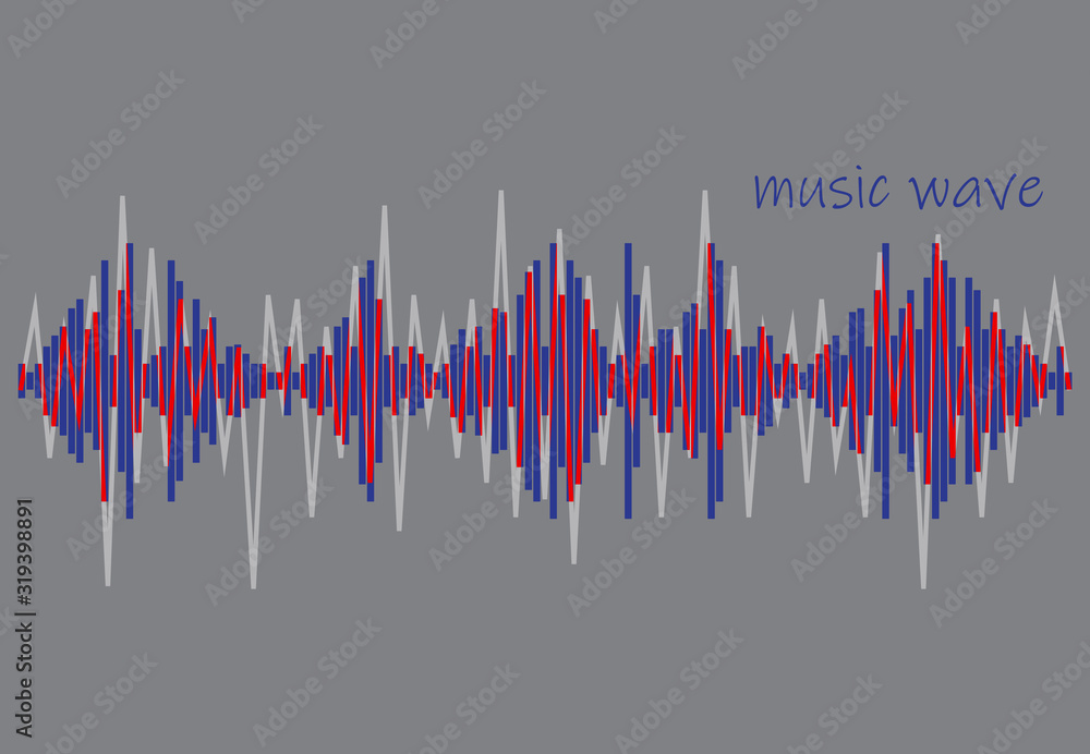 Poster music wave logo. blue and red pulse player equalizer element on a grey background. vector audio tech