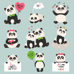 Set of cute panda bears