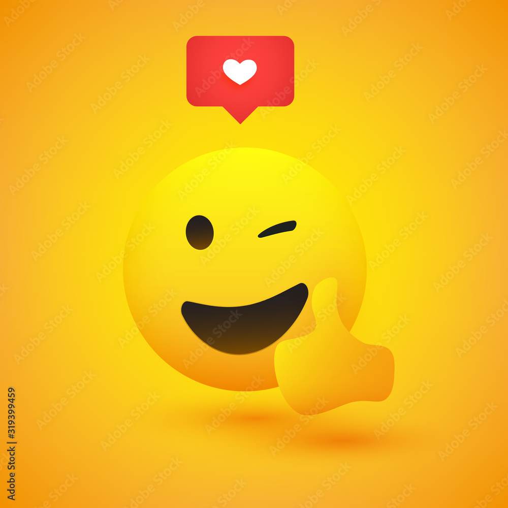 Poster smiling and winking emoji showing thumbs up - simple happy emoticon with speech bubble on yellow bac
