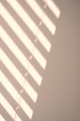 Light and shadows on a light wall through the window blinds. Diagonal parallel lines, abstract half frame composition. Copy space for text. Vertical.