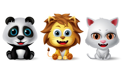 Animal characters vector set. Panda, bear, lion and cat animal characters in sitting pose and smiling facial expression isolated in white background. Vector illustration.  © Zeinous
