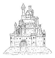 Fototapeta premium Vector cartoon drawing or illustration of sand castle on the beach.
