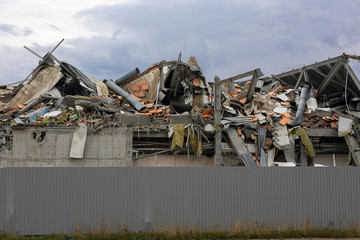 wreckage and ruins of destroyed building in city center