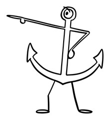 Vector illustration of cartoon ship or boat anchor character showing or pointing at something by hand.Nautical or marine advertisement or marketing design.