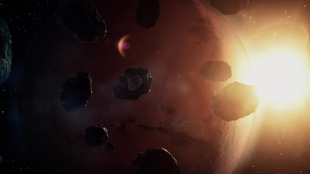 Red planet surrounded by asteroid field, science fiction background, Mars space exploration
