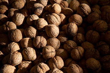 walnuts on the stand at the market 