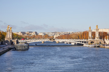 Alexander III bridge view and Seine river in a sunny autumn day in Paris, France