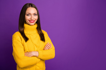 Close-up portrait of her she nice attractive lovely cute content cheerful cheery straight-haired girl folded arms isolated over bright vivid shine vibrant lilac violet purple color background