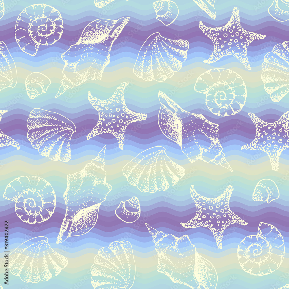 Poster blue waves pattern and hand draw in marine style.