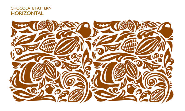 Chocolate ornament. Seamless pattern. Cocoa bean and nut. Natural, organic decorative decor. Chocolate bar label design. Textile, fabric print in one color drawn texture. 