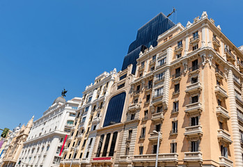 Spanish architecture on Madrid street. Madrid building facade. Madrid classical architecture