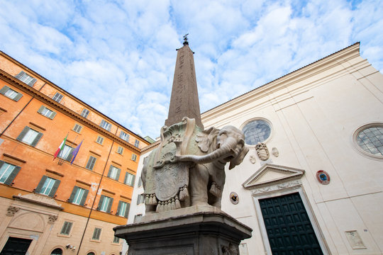Obelisk elephant piazza della minerva by bernini. monument and tourist holidays in rome. View of a monument with an obelisk in Rome